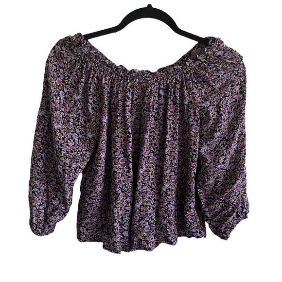 AEO Boho Floral Print Blouse Ruffle Black Purple S - Picture 2 of 4